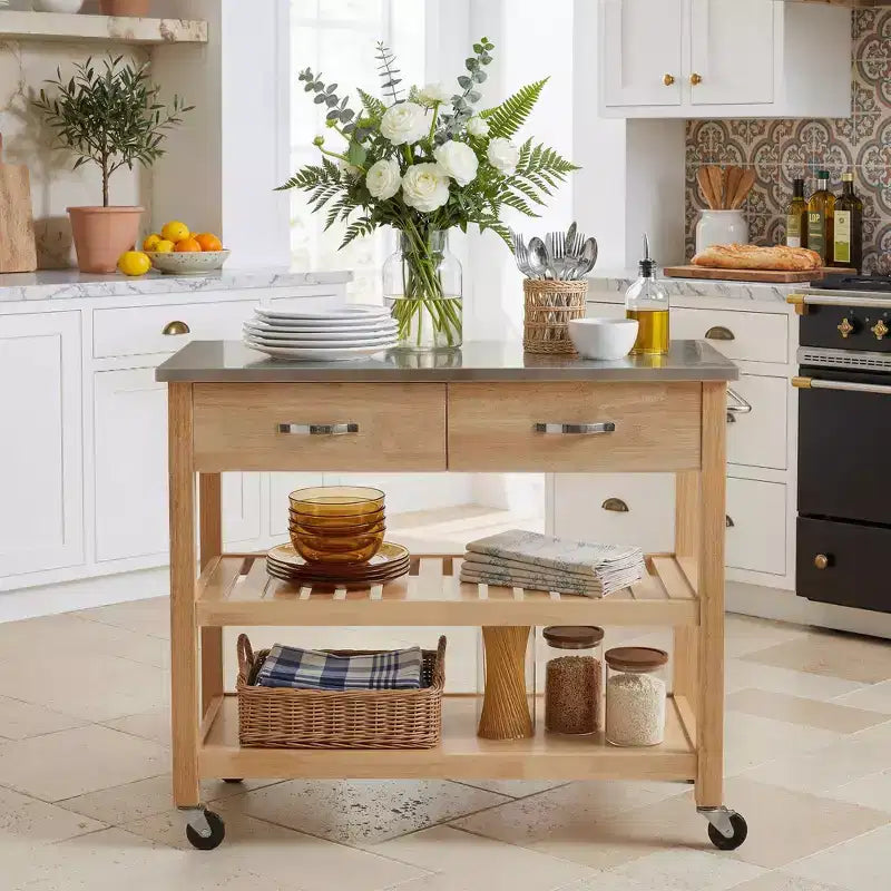 42-Inch Rolling Kitchen Cart with Stainless Steel Top and Solid Wood Frame