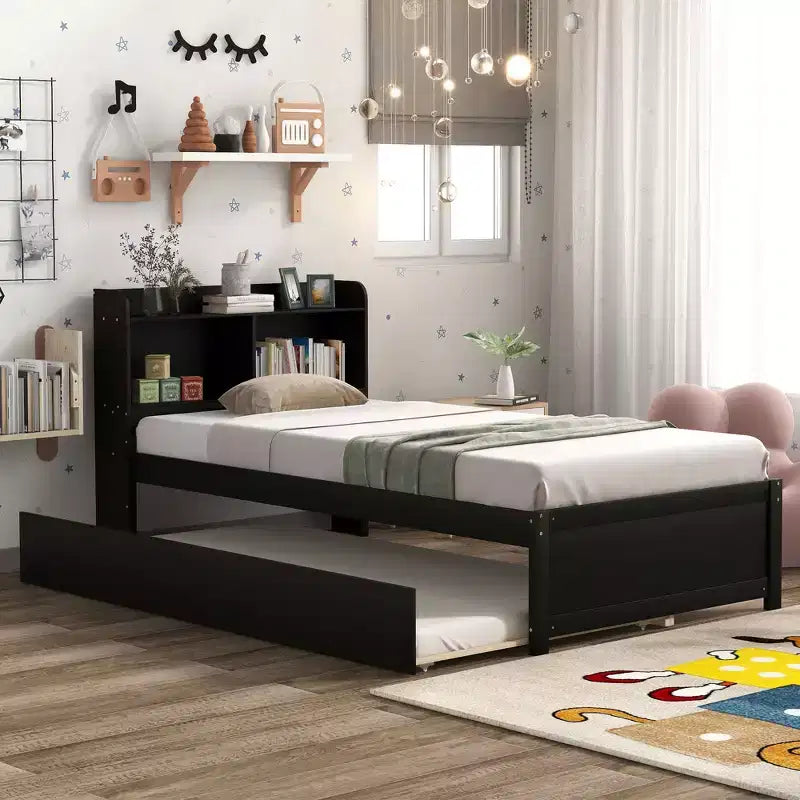Twin Size Metal Platform Bed Frame with Wood Grain Headboard