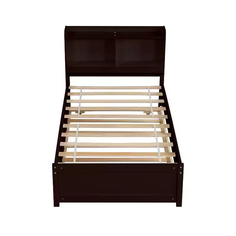 Twin Size Metal Platform Bed Frame with Wood Grain Headboard