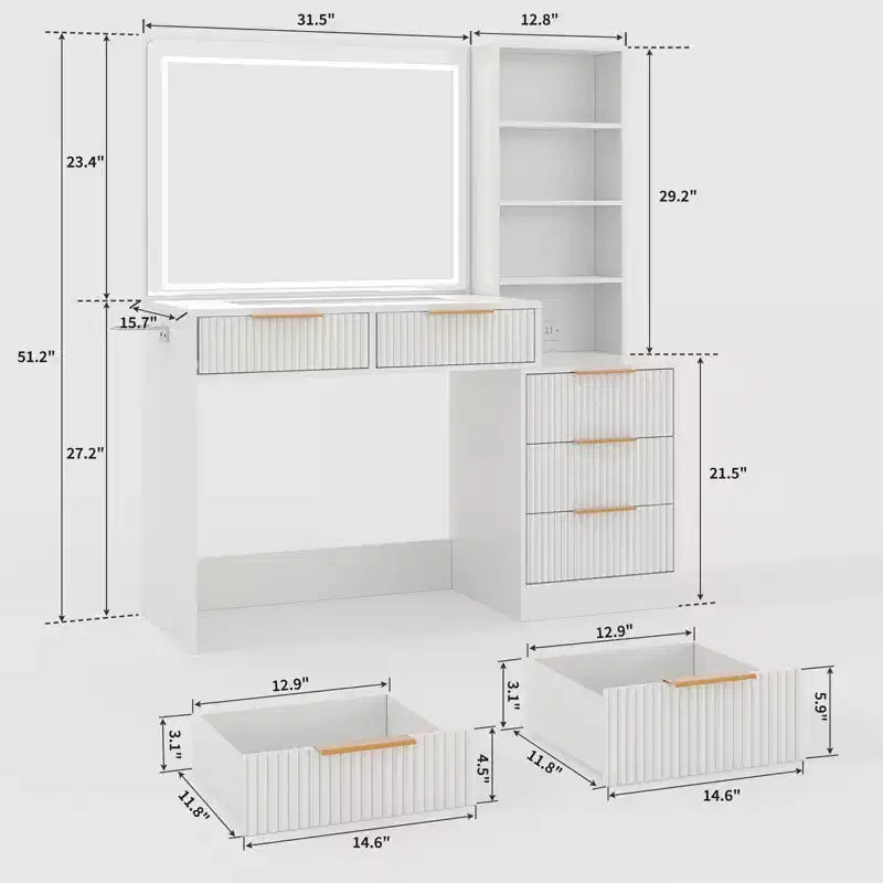Fluted Vanity Desk with Mirror, 5 Drawers Glass Top Hairdryer Rack Wave Texture Makeup Table for Bedroom