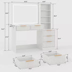 Coiffeuse cannelée avec miroir, 5 tiroirs, plateau en verre, support pour sèche-cheveux, texture ondulée, pour chambre à coucher