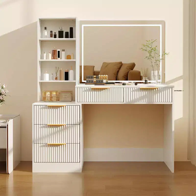 Fluted Vanity Desk with Mirror, 5 Drawers Glass Top Hairdryer Rack Wave Texture Makeup Table for Bedroom