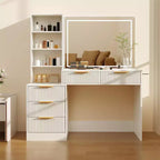 Coiffeuse cannelée avec miroir, 5 tiroirs, plateau en verre, support pour sèche-cheveux, texture ondulée, pour chambre à coucher