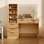 Coiffeuse cannelée avec miroir, 5 tiroirs, plateau en verre, support pour sèche-cheveux, texture ondulée, pour chambre à coucher
