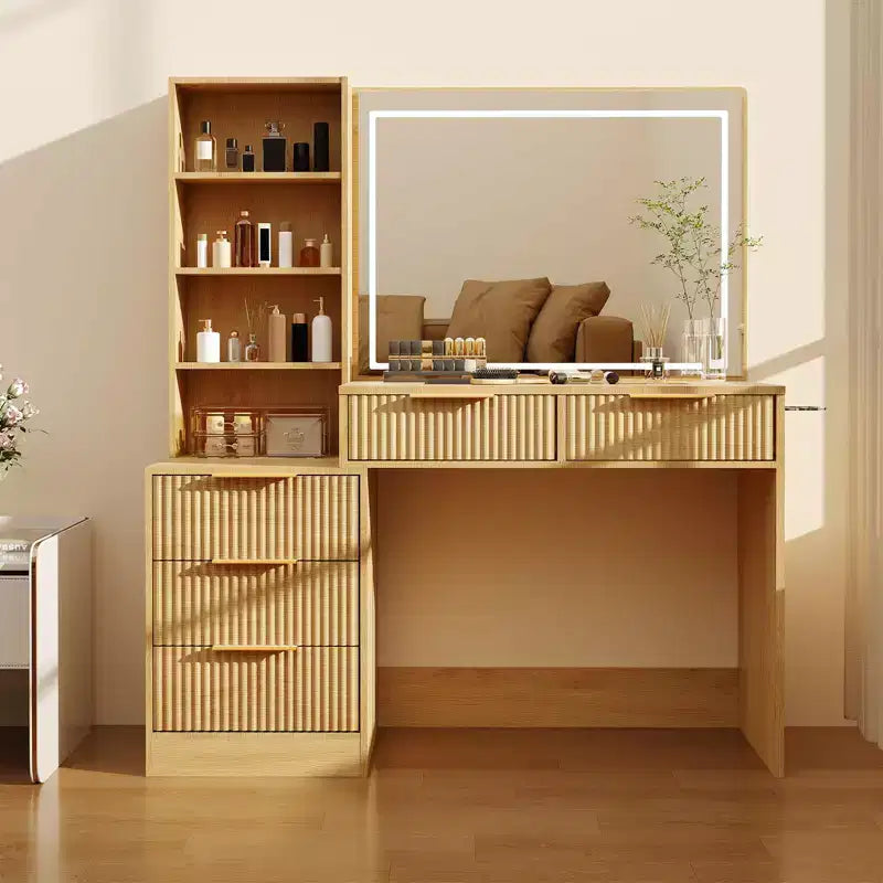 Fluted Vanity Desk with Mirror, 5 Drawers Glass Top Hairdryer Rack Wave Texture Makeup Table for Bedroom