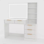 Coiffeuse cannelée avec miroir, 5 tiroirs, plateau en verre, support pour sèche-cheveux, texture ondulée, pour chambre à coucher