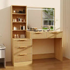 GustoWave Vanity Desk with Mirror, 5 Drawers Glass Top Hairdryer Rack Wave Texture Makeup Table for Bedroom
