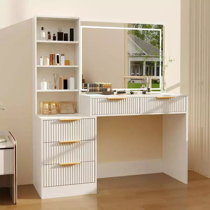 Fluted Vanity Desk with Mirror, 5 Drawers Glass Top Hairdryer Rack Wave Texture Makeup Table for Bedroom