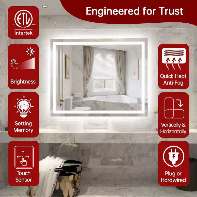 40x32 Inch LED Bathroom Mirror with Anti-Fog, Dimmable, 3 Color Temperatures