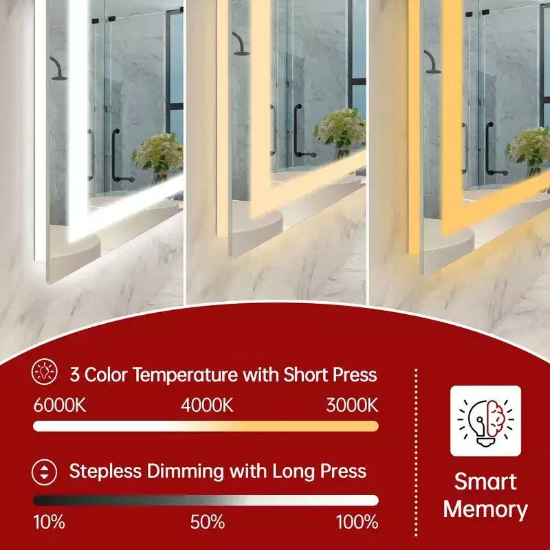 40x32 Inch LED Bathroom Mirror with Anti-Fog, Dimmable, 3 Color Temperatures