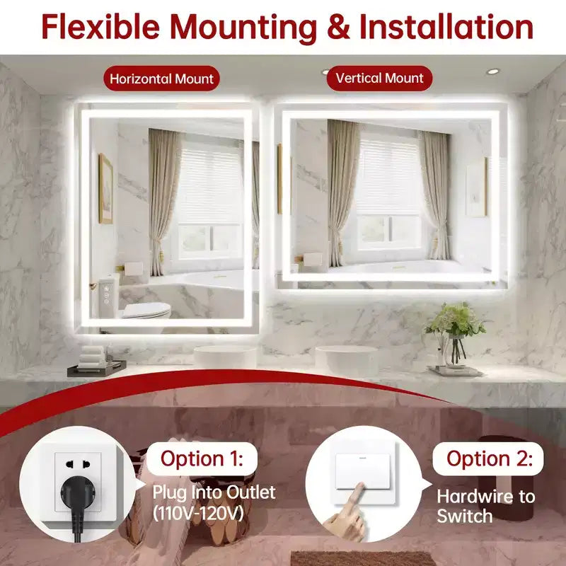 40x32 Inch LED Bathroom Mirror with Anti-Fog, Dimmable, 3 Color Temperatures