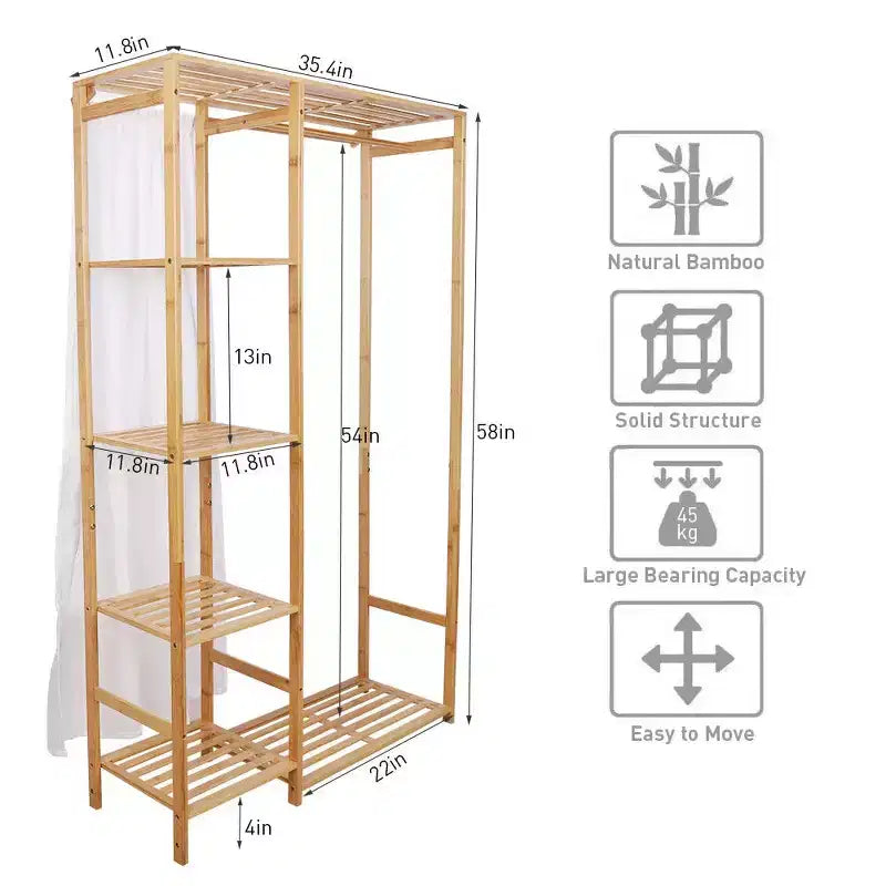 Bamboo Garment Rack with 6 Shelves and Dustproof Curtain