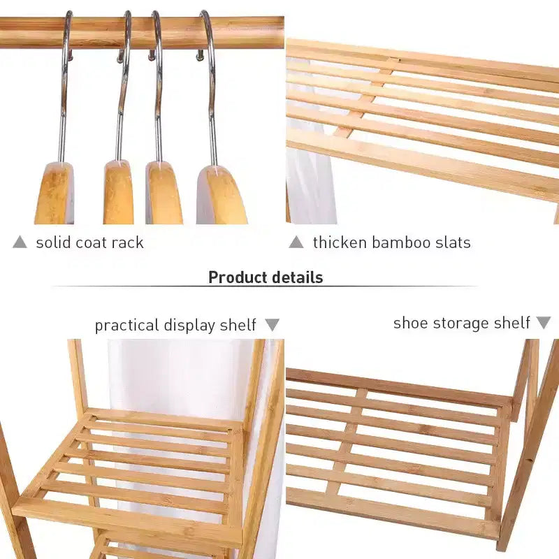 Bamboo Garment Rack with 6 Shelves and Dustproof Curtain